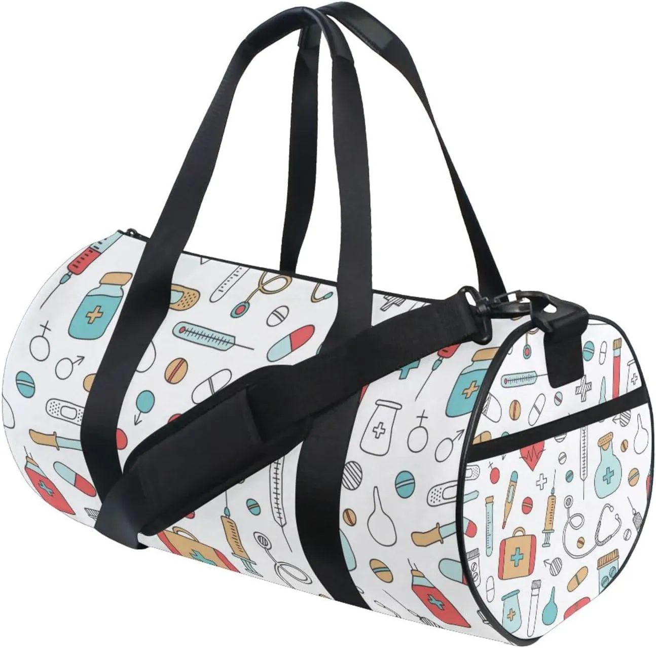 Medical Medicine Research Pills Needles Heart Blood on White Duffel Bag, Foldable Canvas Travel Tote for Gym Sports with Inner Pockets, Durable Lightweight Fitness Bag for Overnight Workout