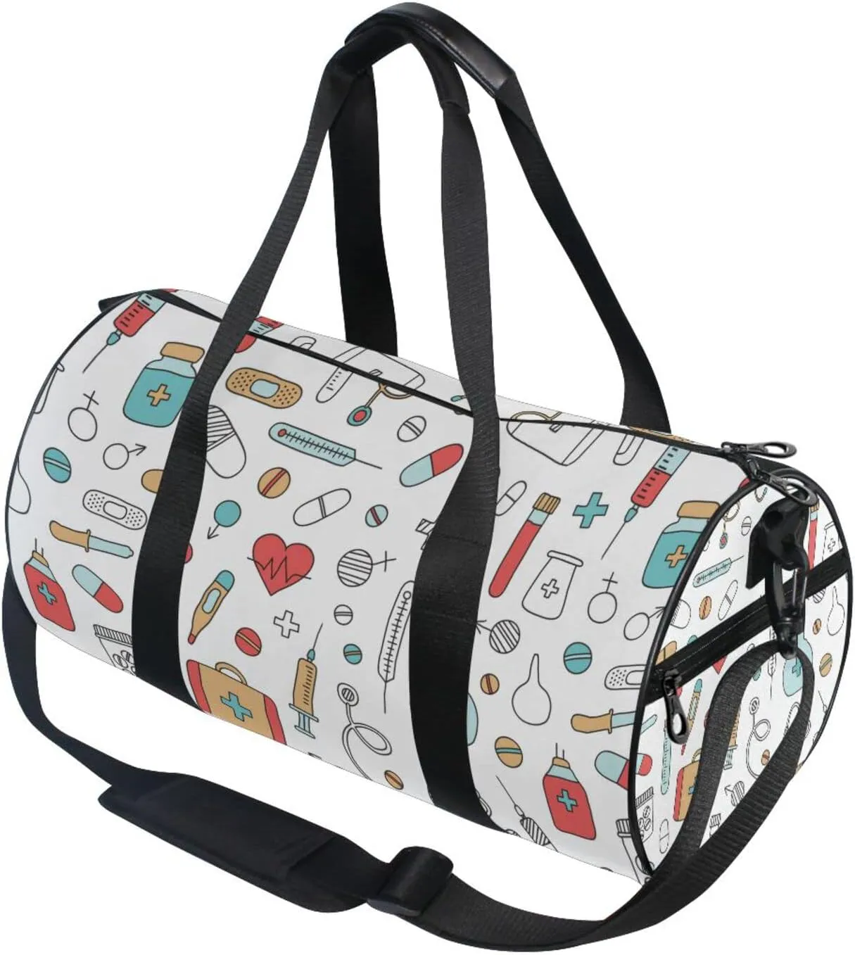 Medical Medicine Research Pills Needles Heart Blood on White Duffel Bag, Foldable Canvas Travel Tote for Gym Sports with Inner Pockets, Durable Lightweight Fitness Bag for Overnight Workout