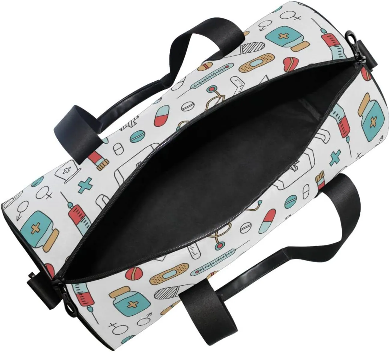 Medical Medicine Research Pills Needles Heart Blood on White Duffel Bag, Foldable Canvas Travel Tote for Gym Sports with Inner Pockets, Durable Lightweight Fitness Bag for Overnight Workout