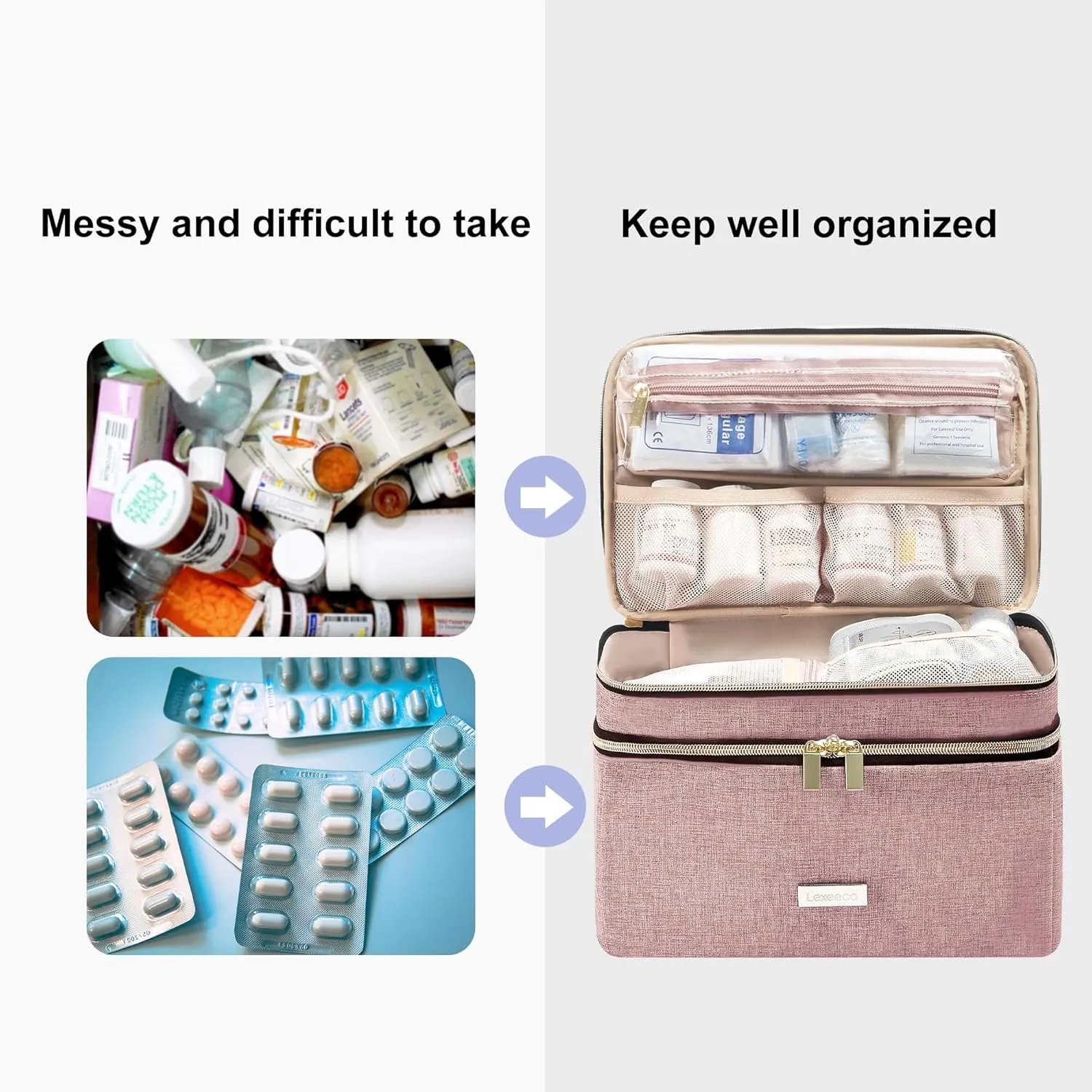 Medicine Storage Bag Pill Bottle Organizer with Portable Small Pouch Travel Medication Bottle Organizer for Emergency Home First Aid Box Kit (Pink)