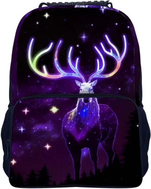 Men & Women Lightweight Galaxy Starry Sky Christmas Elk Moose Art Casual Daypack Large Capacity Bookbag With Adjustable Shoulder Straps for Gym Business Bicycle