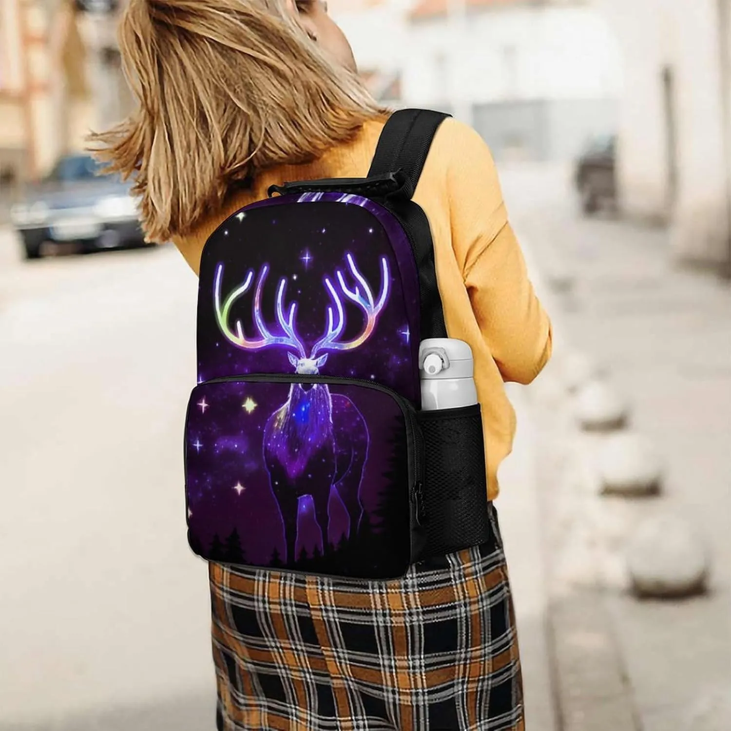 Men & Women Lightweight Galaxy Starry Sky Christmas Elk Moose Art Casual Daypack Large Capacity Bookbag With Adjustable Shoulder Straps for Gym Business Bicycle