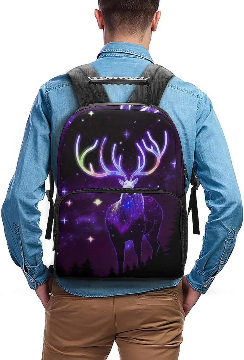 Men & Women Lightweight Galaxy Starry Sky Christmas Elk Moose Art Casual Daypack Large Capacity Bookbag With Adjustable Shoulder Straps for Gym Business Bicycle
