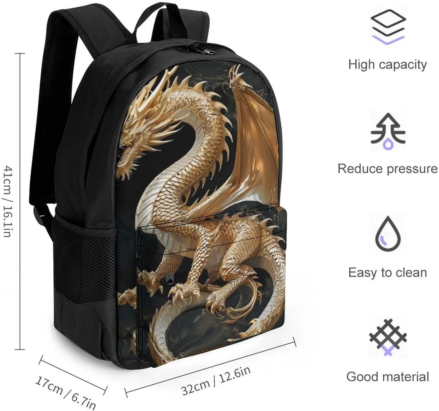 Men & Women Polyester Cool Dragon King Backpack Large Capacity Bookbag With Smooth Zippers for Climbing Picnic Bicycle