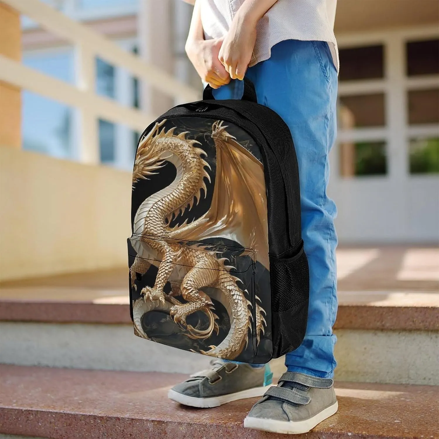 Men & Women Polyester Cool Dragon King Backpack Large Capacity Bookbag With Smooth Zippers for Climbing Picnic Bicycle