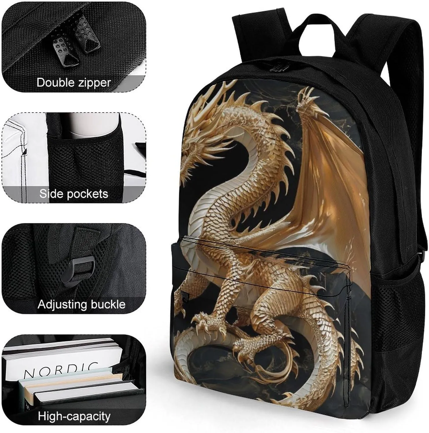 Men & Women Polyester Cool Dragon King Backpack Large Capacity Bookbag With Smooth Zippers for Climbing Picnic Bicycle