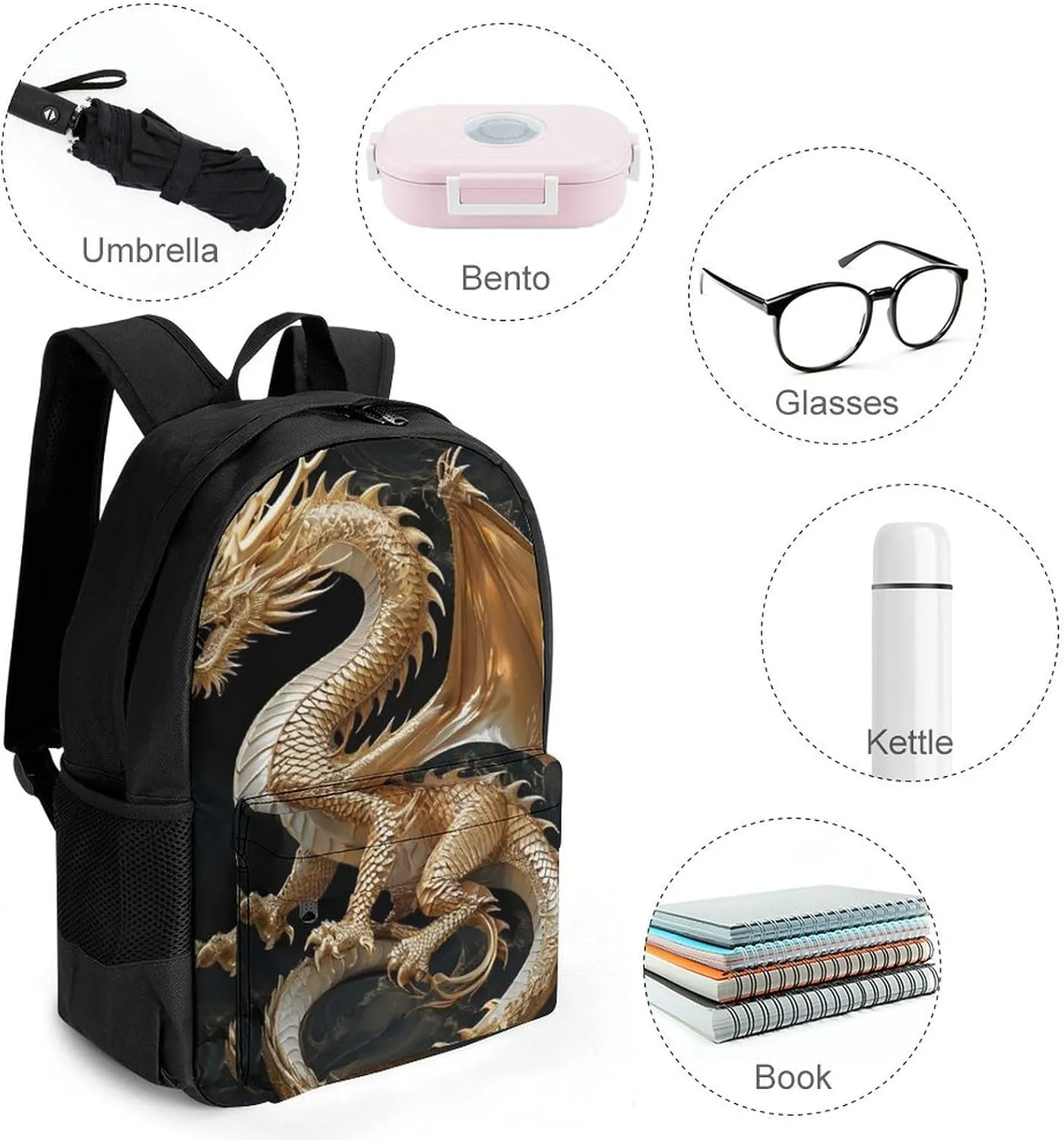 Men & Women Polyester Cool Dragon King Backpack Large Capacity Bookbag With Smooth Zippers for Climbing Picnic Bicycle
