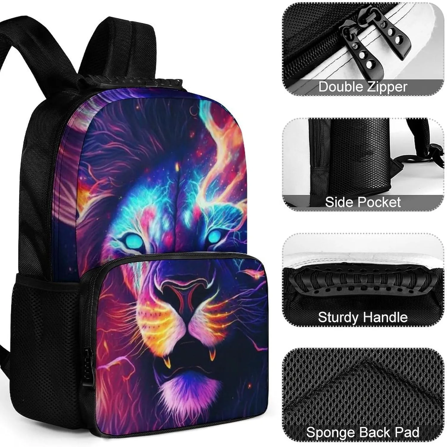 Men & Women Polyester Cool Lion In The Universe Surreal Style Art Backpack Large Capacity Bookbag With Smooth Zippers for Climbing Picnic Bicycle