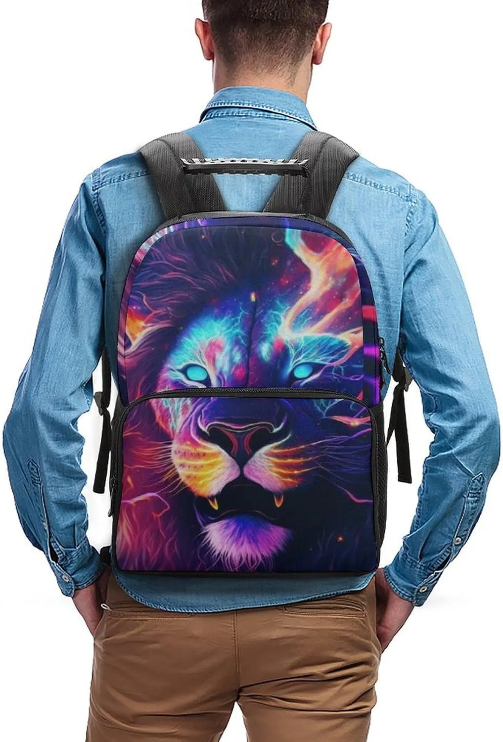Men & Women Polyester Cool Lion In The Universe Surreal Style Art Backpack Large Capacity Bookbag With Smooth Zippers for Climbing Picnic Bicycle