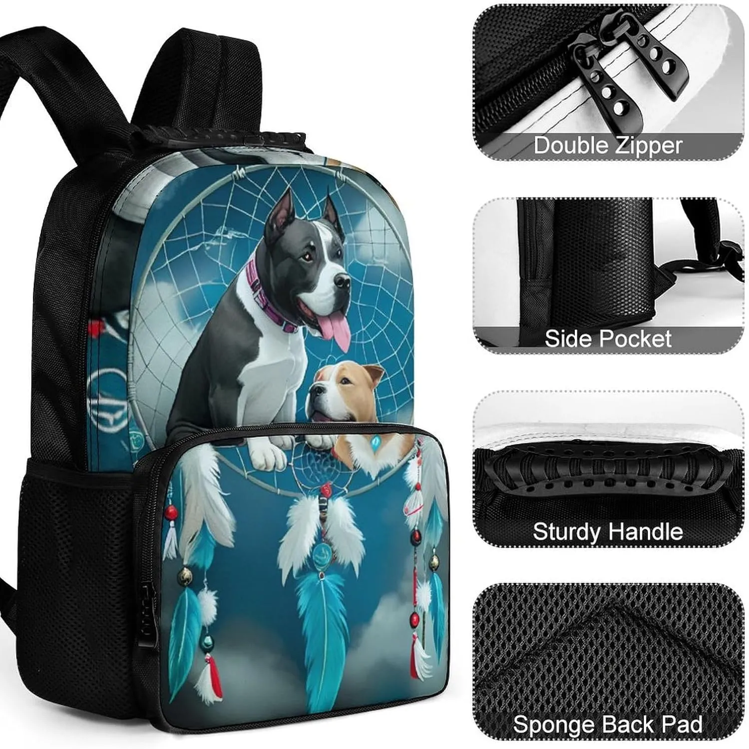 Men Women Lightweight American Pit Bull Terrier Dog Dreamcatcher Art Backpack Large Capacity Bookbag With Smooth Zippers for Gym Business Running