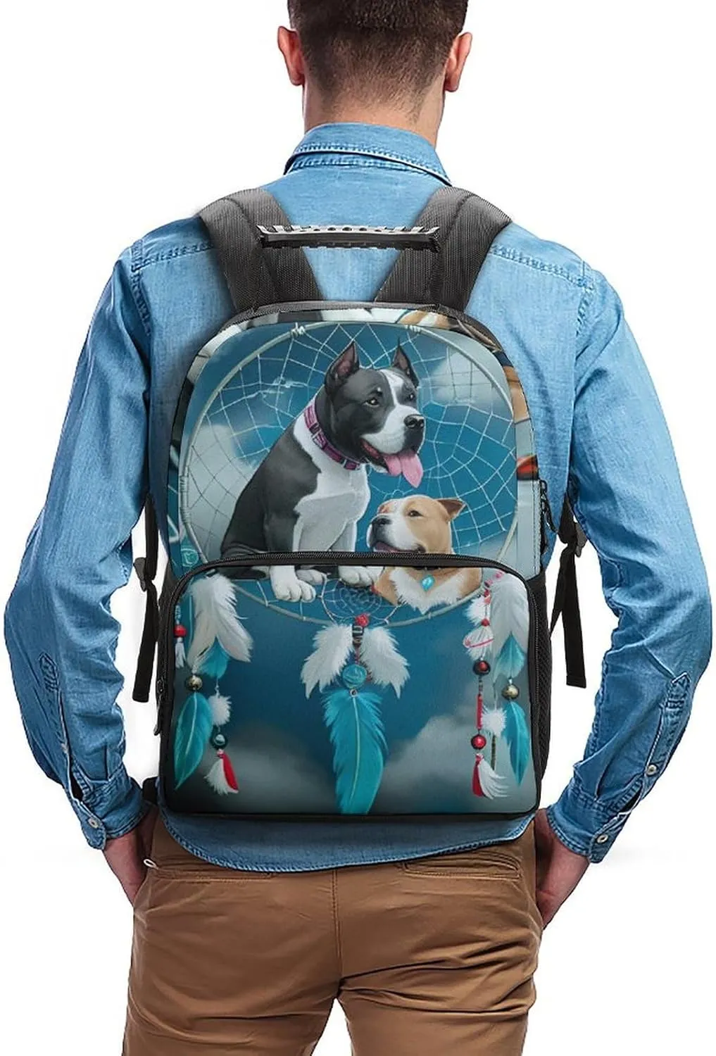 Men Women Lightweight American Pit Bull Terrier Dog Dreamcatcher Art Backpack Large Capacity Bookbag With Smooth Zippers for Gym Business Running