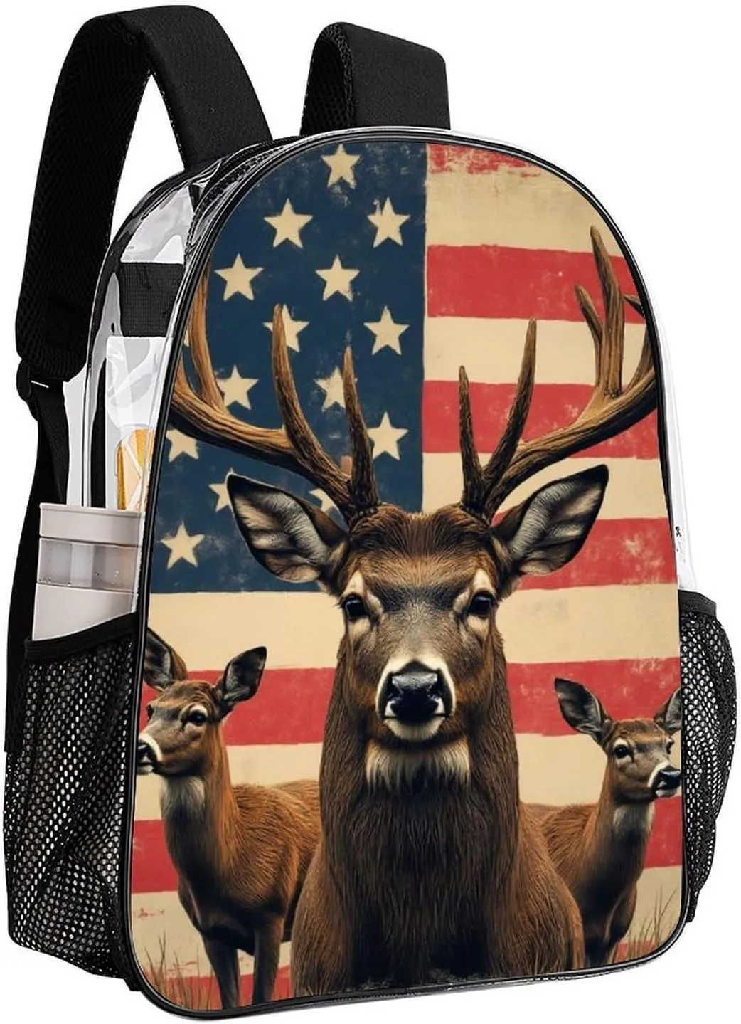 Men Women Lightweight American Us Flag Hunting Camo Deer Backpack Large Capacity Bookbag Transparent Bag for Gym Business Running