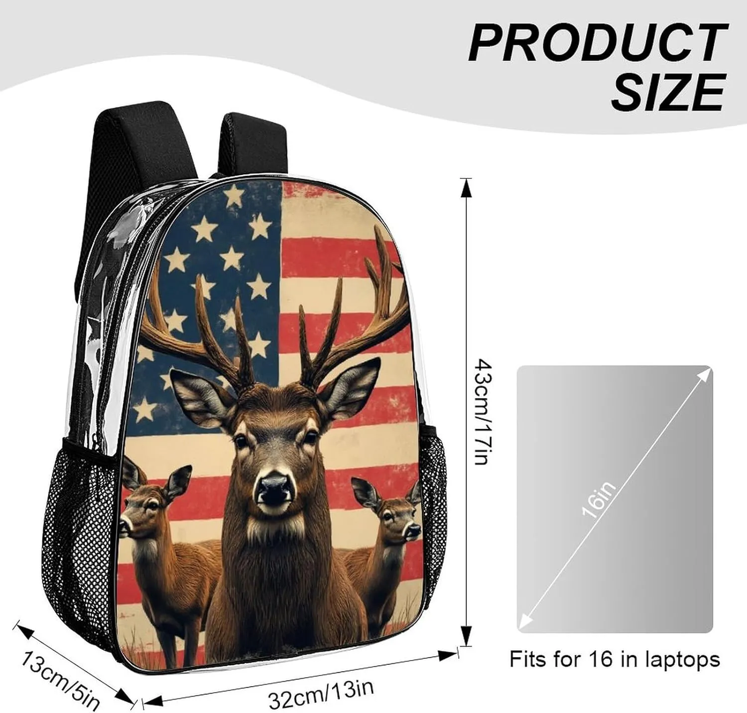 Men Women Lightweight American Us Flag Hunting Camo Deer Backpack Large Capacity Bookbag Transparent Bag for Gym Business Running