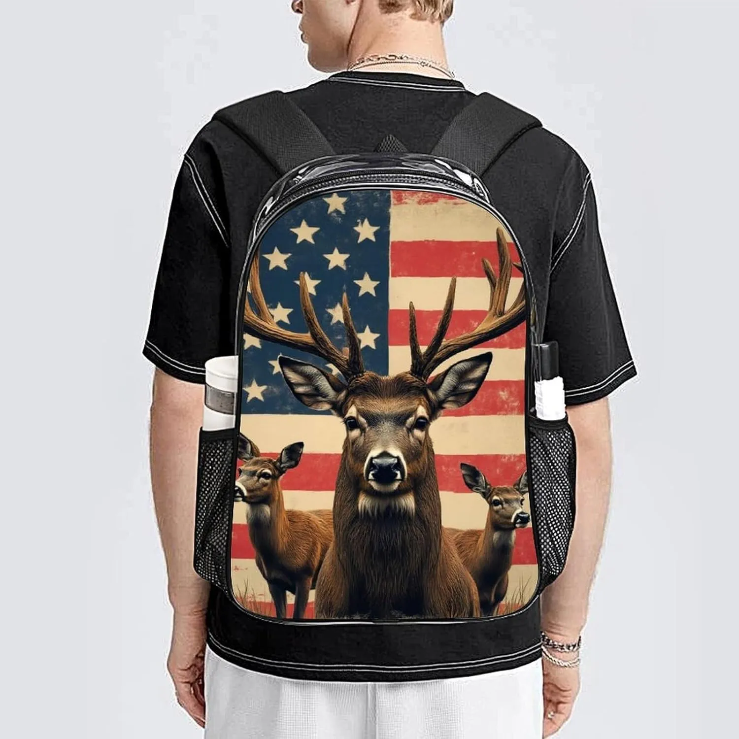 Men Women Lightweight American Us Flag Hunting Camo Deer Backpack Large Capacity Bookbag Transparent Bag for Gym Business Running
