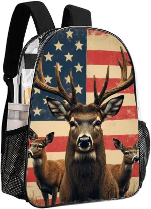 Men Women Lightweight American Us Flag Hunting Camo Deer Backpack Large Capacity Bookbag Transparent Bag for Gym Business Running