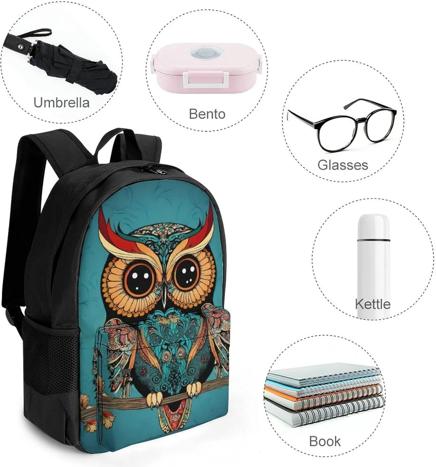 Men Women Lightweight Ethnic Owl Backpack Large Capacity Carry On Bag With Padded Straps for Sports Work Walking Cycling