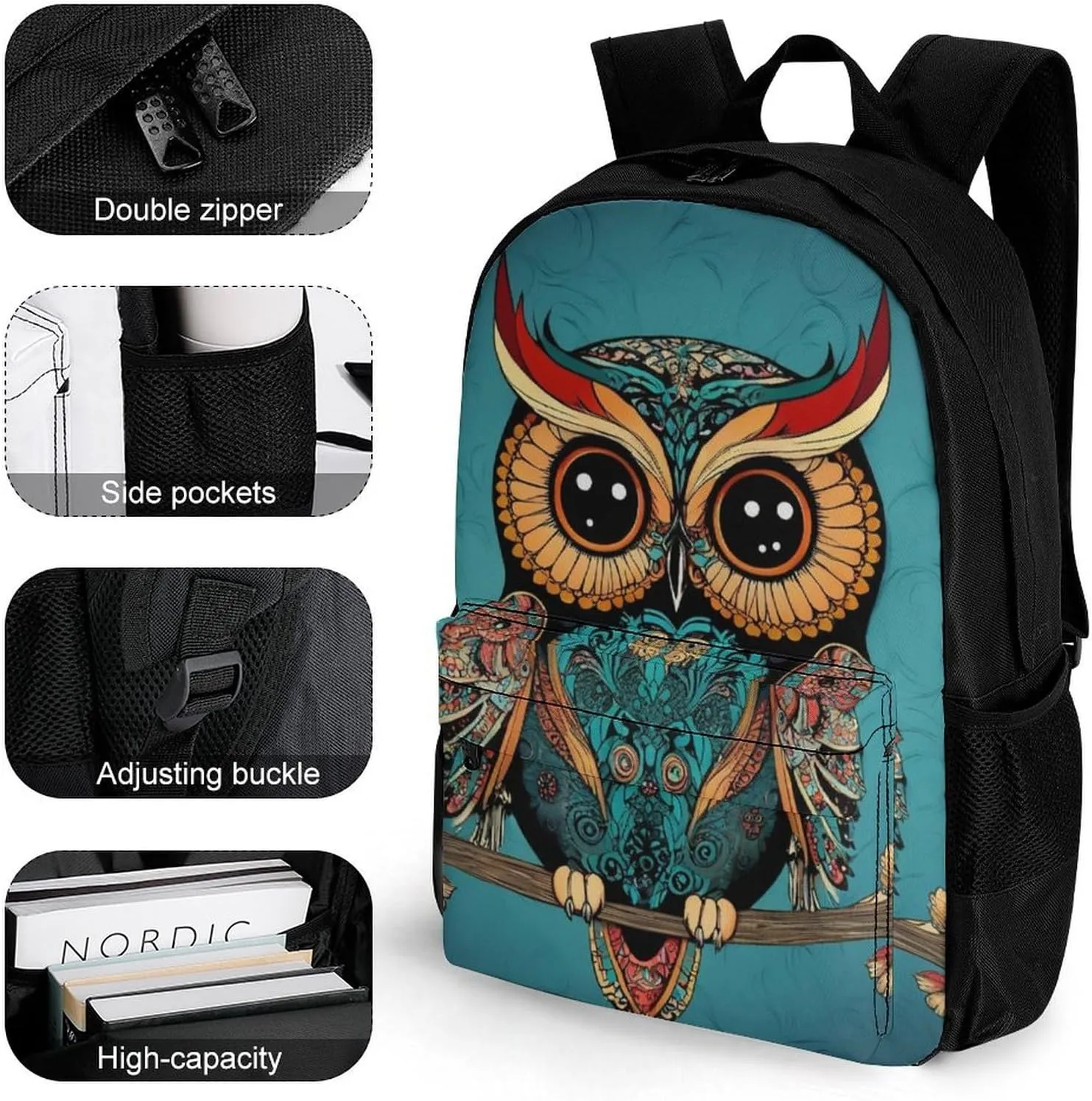 Men Women Lightweight Ethnic Owl Backpack Large Capacity Carry On Bag With Padded Straps for Sports Work Walking Cycling
