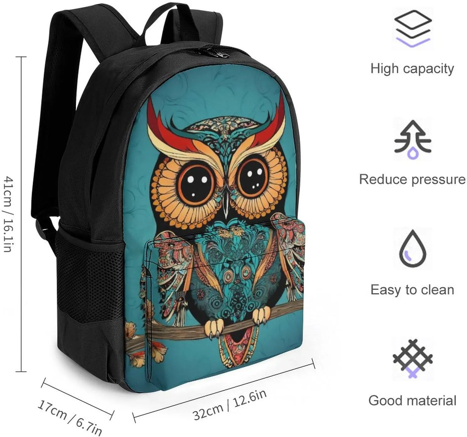 Men Women Lightweight Ethnic Owl Backpack Large Capacity Carry On Bag With Padded Straps for Sports Work Walking Cycling
