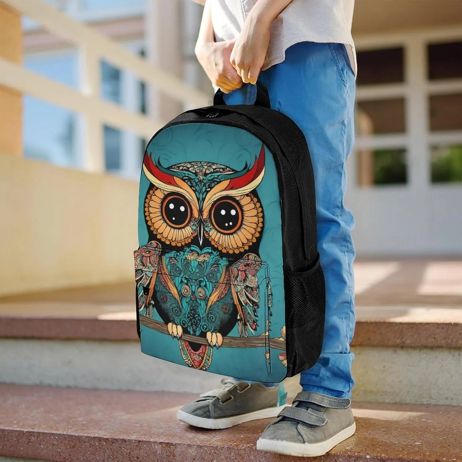 Men Women Lightweight Ethnic Owl Backpack Large Capacity Carry On Bag With Padded Straps for Sports Work Walking Cycling