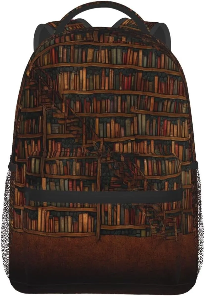 Men Women Lightweight Library Bookshelf Vintage Art Casual Daypack Big Capacity Bookbag With Padded Straps for Gym Travel Walking Cycling