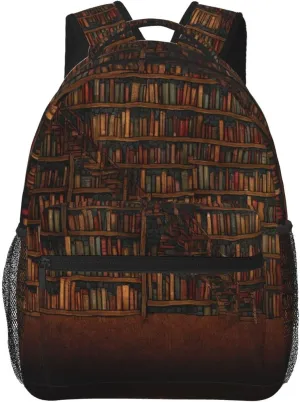 Men Women Lightweight Library Bookshelf Vintage Art Casual Daypack Big Capacity Bookbag With Padded Straps for Gym Travel Walking Cycling