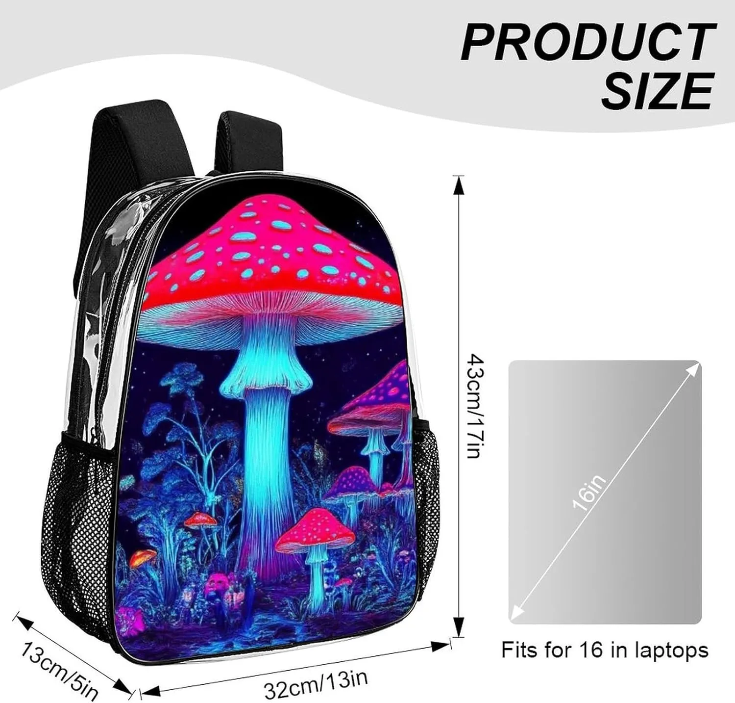 Men Women Lightweight Magic Mushroom Mushrooms Scenery Backpack Large Capacity Bookbag Transparent Bag for Gym Business Running
