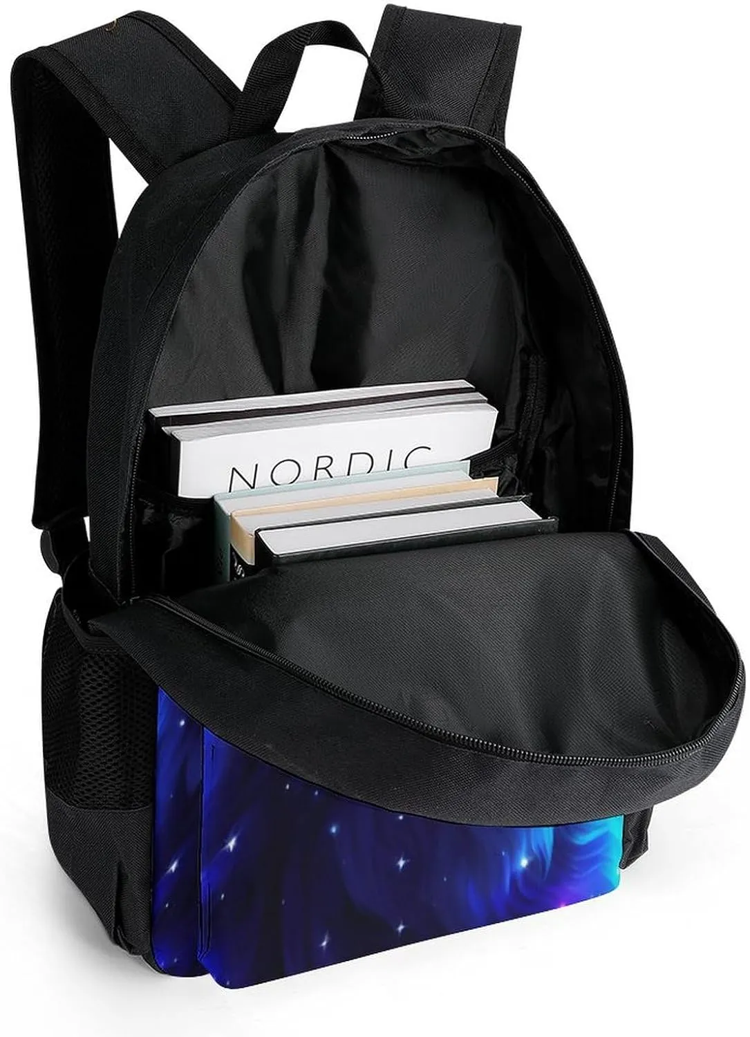 Men Women Polyester Blue Universe Galaxy Magic Wolf In The Space Art Casual Daypack Large Capacity Carry On Bag With Adjustable Shoulder Straps for Camping Work Running