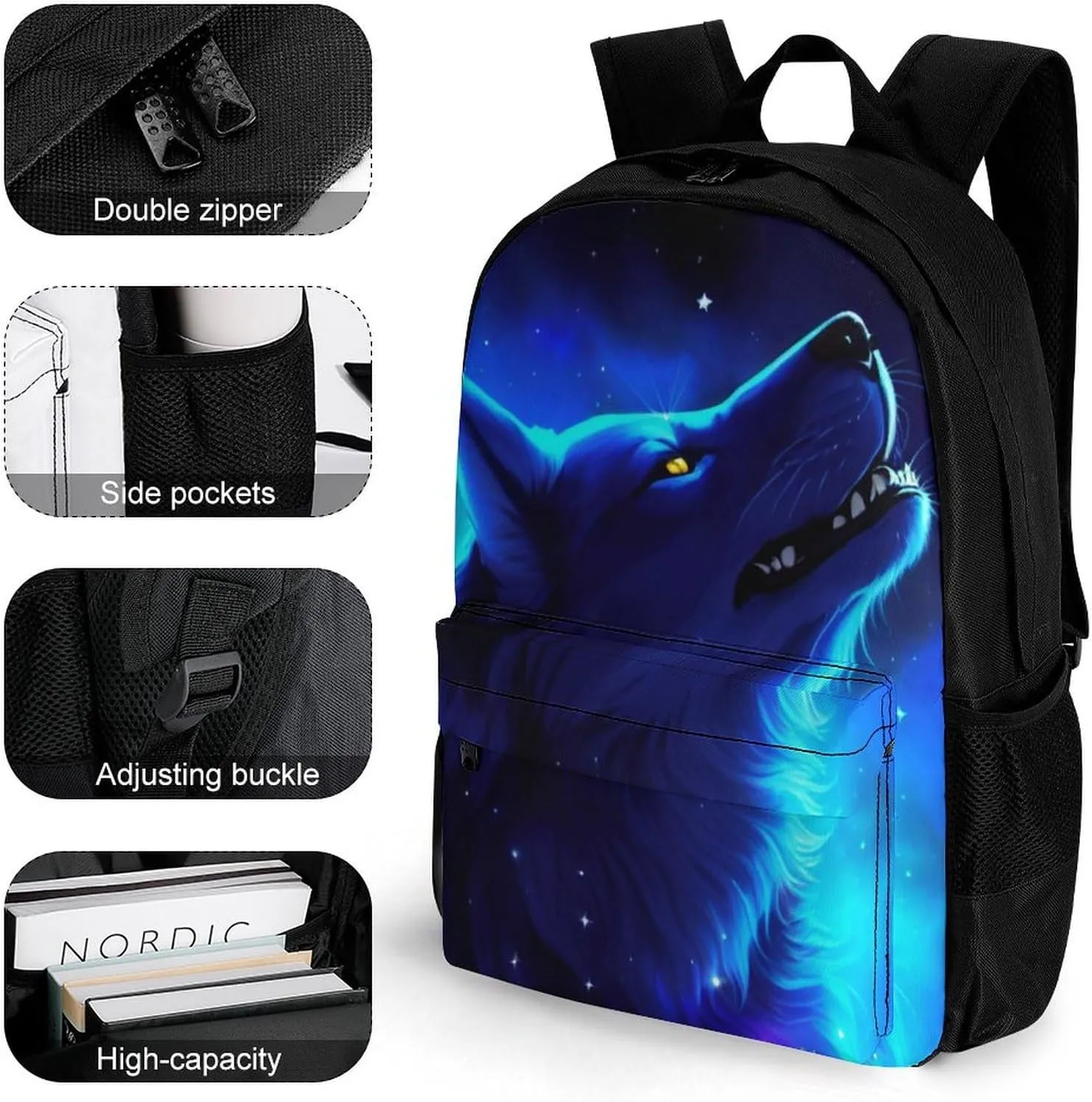 Men Women Polyester Blue Universe Galaxy Magic Wolf In The Space Art Casual Daypack Large Capacity Carry On Bag With Adjustable Shoulder Straps for Camping Work Running