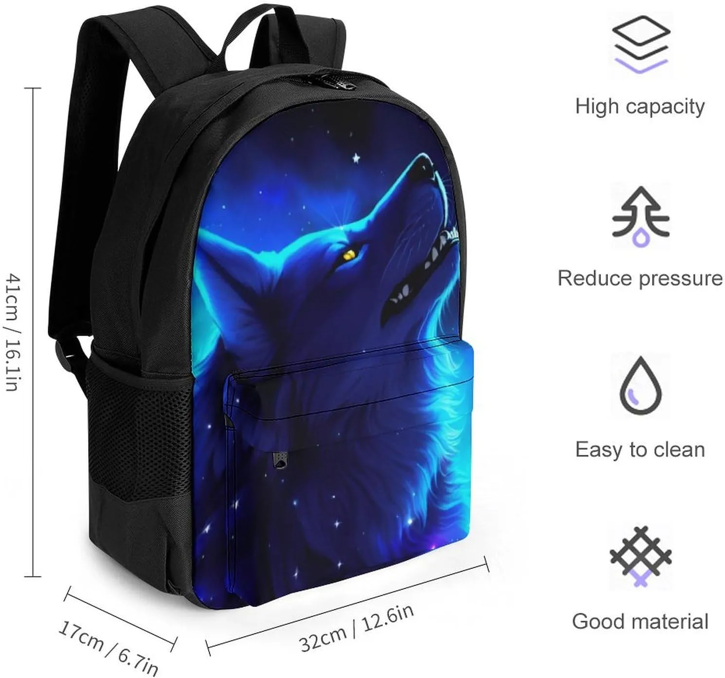Men Women Polyester Blue Universe Galaxy Magic Wolf In The Space Art Casual Daypack Large Capacity Carry On Bag With Adjustable Shoulder Straps for Camping Work Running