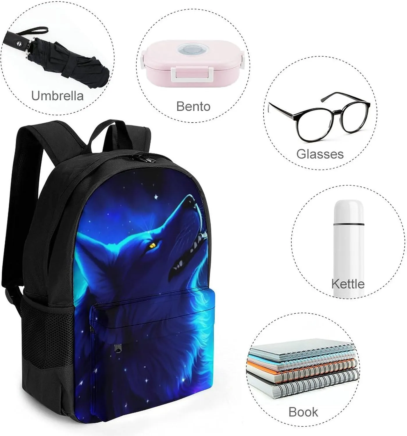 Men Women Polyester Blue Universe Galaxy Magic Wolf In The Space Art Casual Daypack Large Capacity Carry On Bag With Adjustable Shoulder Straps for Camping Work Running