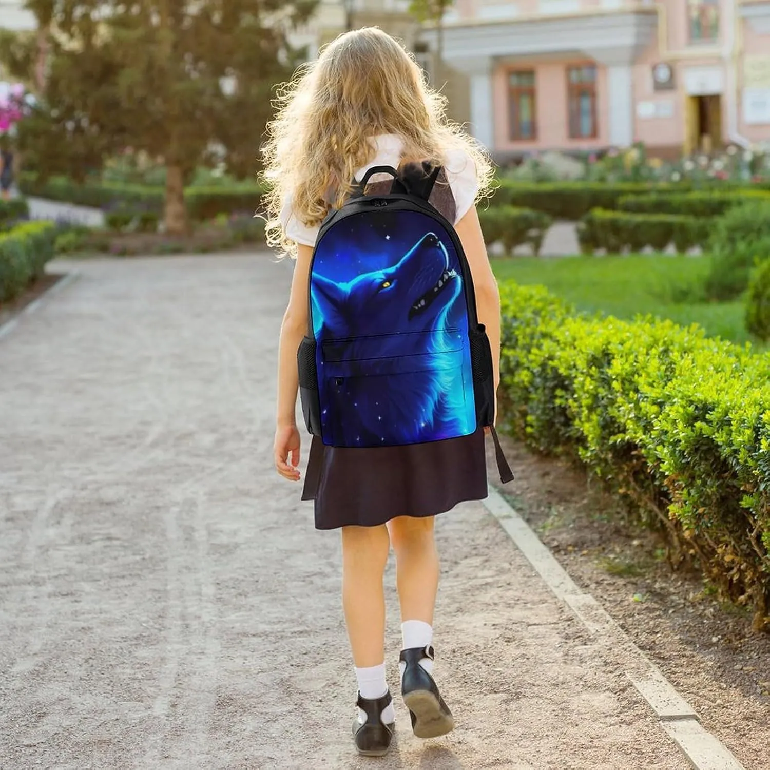 Men Women Polyester Blue Universe Galaxy Magic Wolf In The Space Art Casual Daypack Large Capacity Carry On Bag With Adjustable Shoulder Straps for Camping Work Running