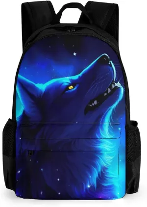 Men Women Polyester Blue Universe Galaxy Magic Wolf In The Space Art Casual Daypack Large Capacity Carry On Bag With Adjustable Shoulder Straps for Camping Work Running