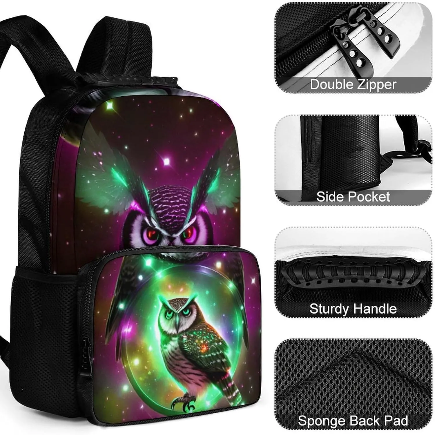 Men Women Polyester Galaxy Nighthawk Owl Art Daypack Big Capacity Shoulder Bag With Adjustable Shoulder Straps for Camping Travel Walking Cycling