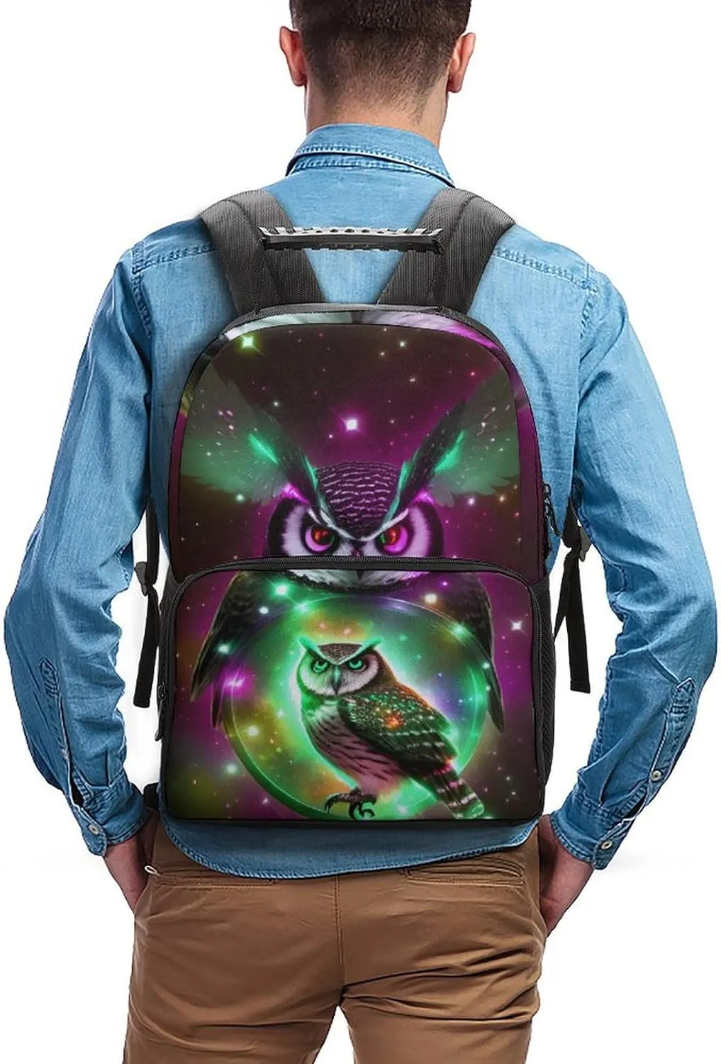 Men Women Polyester Galaxy Nighthawk Owl Art Daypack Big Capacity Shoulder Bag With Adjustable Shoulder Straps for Camping Travel Walking Cycling