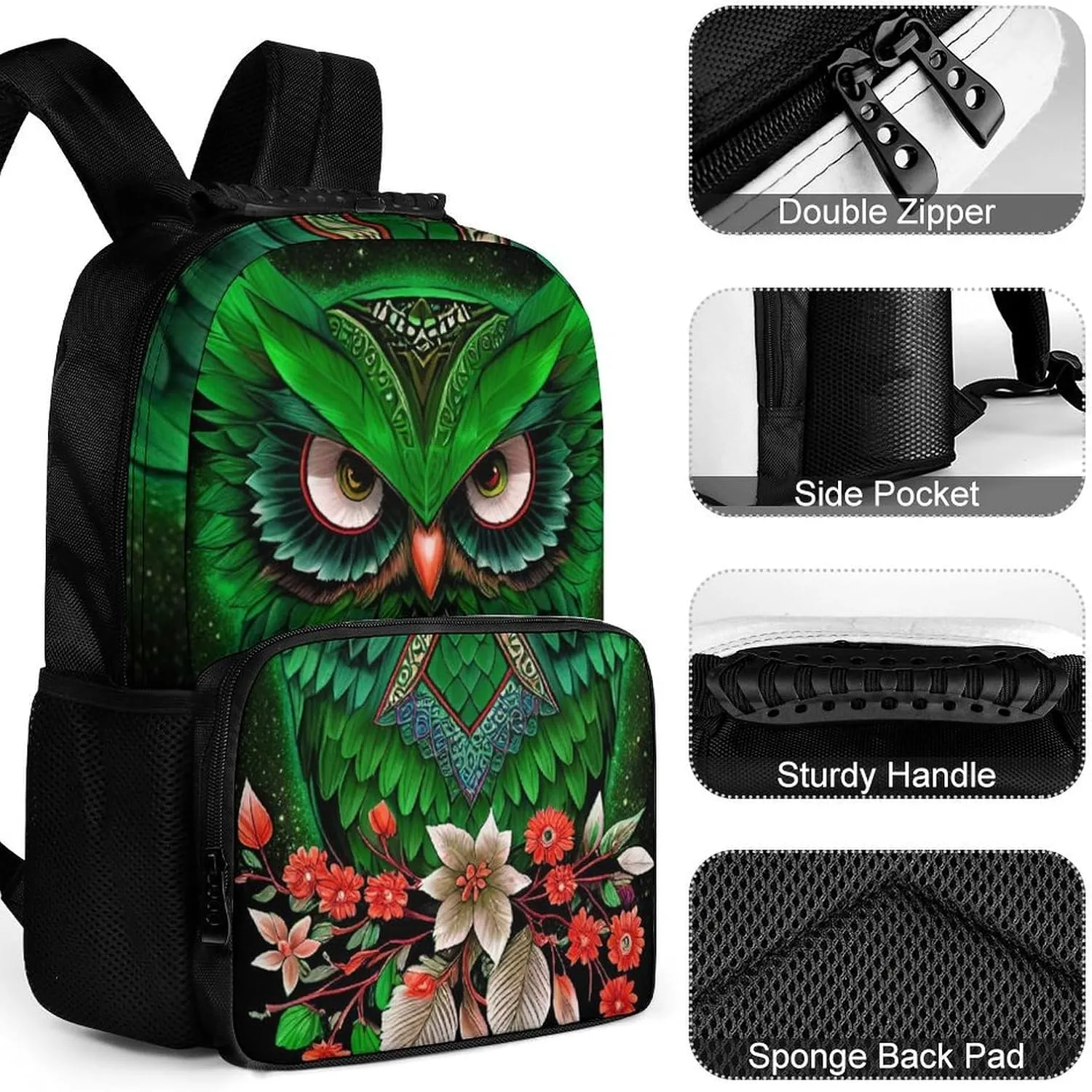 Men Women Polyester Green Owl Floral Art Daypack Backpack Large Capacity Carry On Bag With Smooth Zippers for Hiking Picnic Walking Cycling