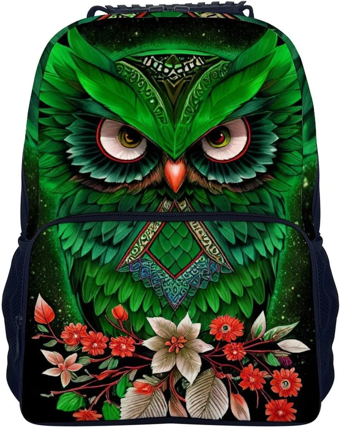 Men Women Polyester Green Owl Floral Art Daypack Backpack Large Capacity Carry On Bag With Smooth Zippers for Hiking Picnic Walking Cycling