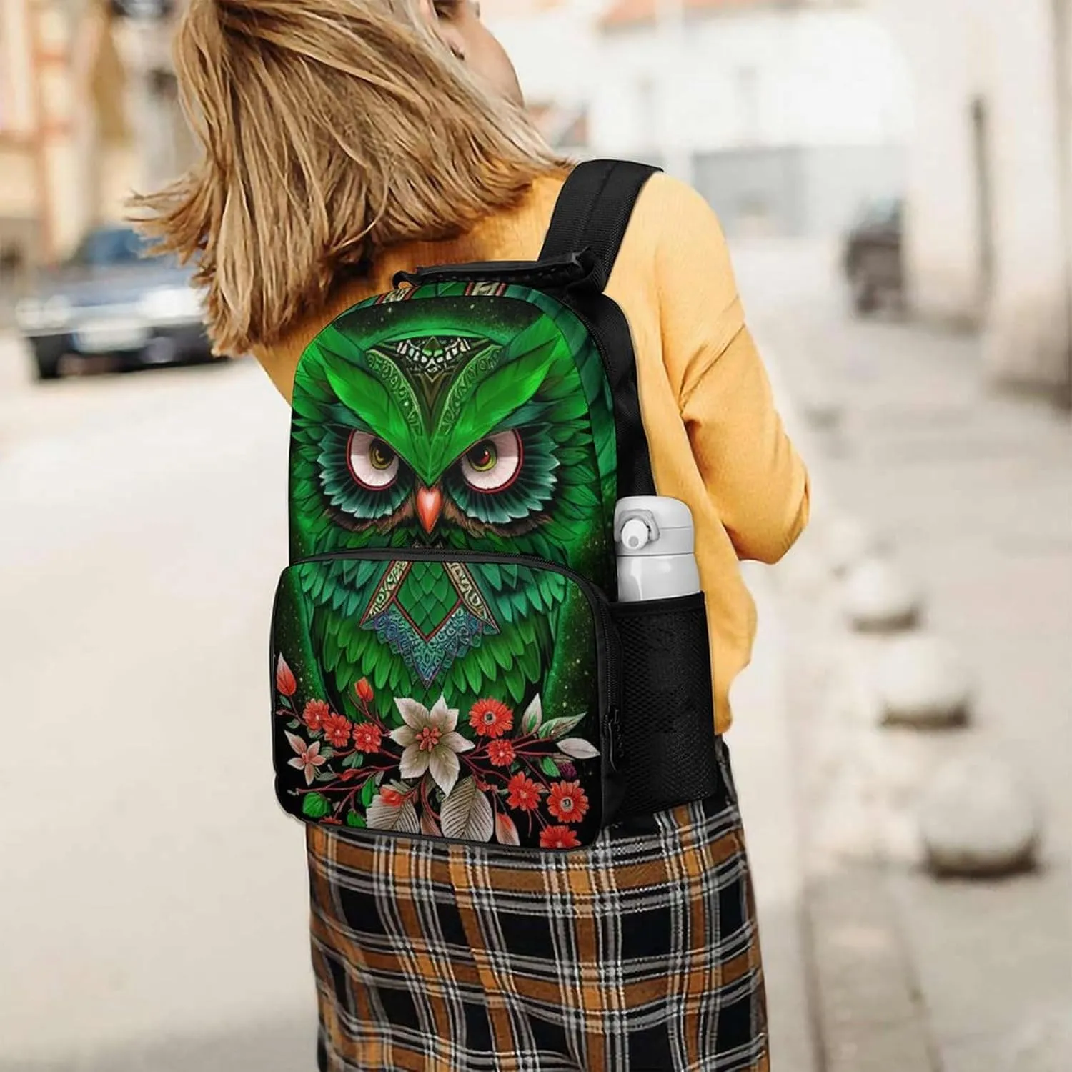 Men Women Polyester Green Owl Floral Art Daypack Backpack Large Capacity Carry On Bag With Smooth Zippers for Hiking Picnic Walking Cycling