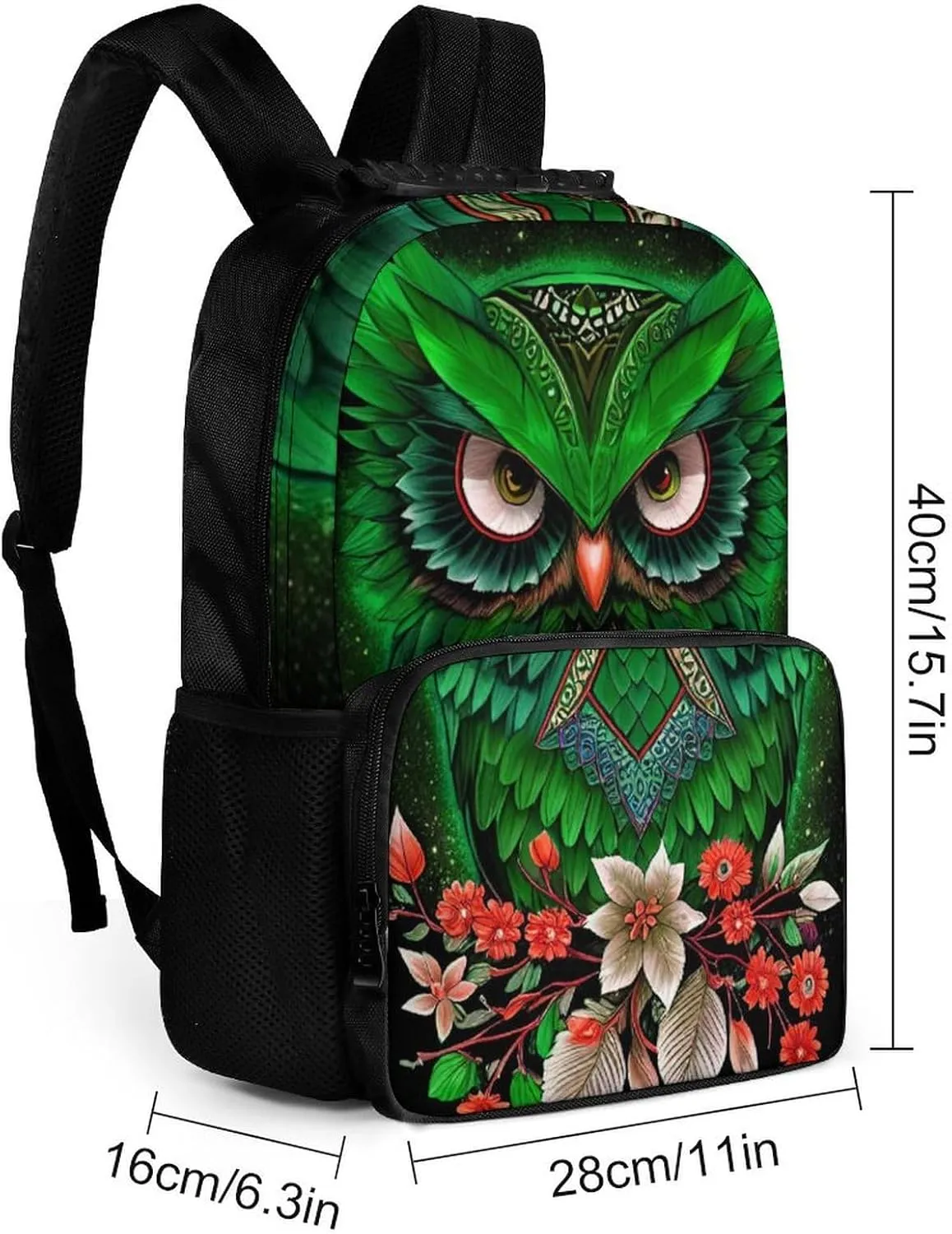 Men Women Polyester Green Owl Floral Art Daypack Backpack Large Capacity Carry On Bag With Smooth Zippers for Hiking Picnic Walking Cycling