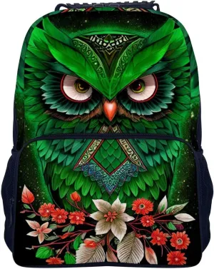 Men Women Polyester Green Owl Floral Art Daypack Backpack Large Capacity Carry On Bag With Smooth Zippers for Hiking Picnic Walking Cycling