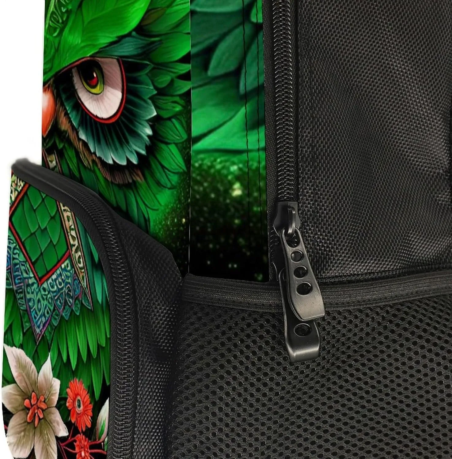 Men Women Polyester Green Owl Floral Art Daypack Backpack Large Capacity Carry On Bag With Smooth Zippers for Hiking Picnic Walking Cycling