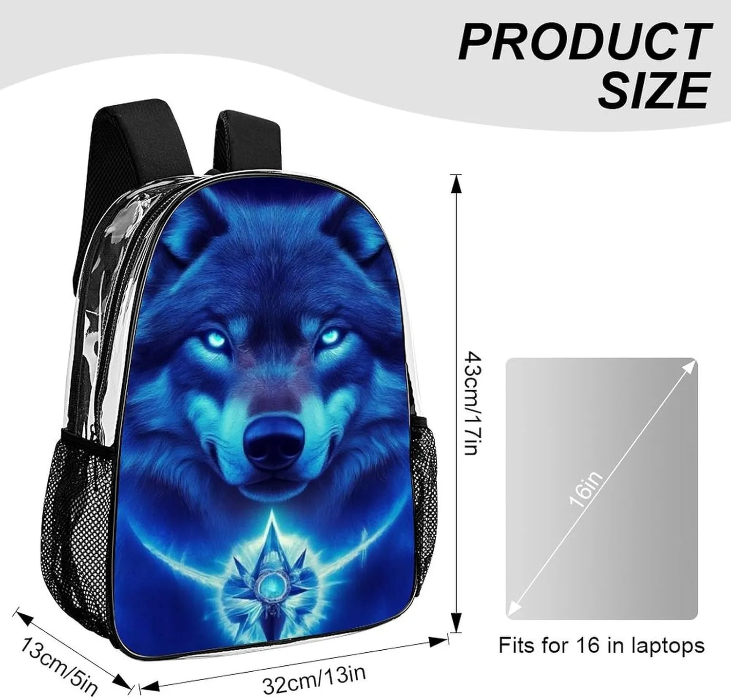Men Women Transparent Blue Space Magic Wolf Art Daypack Big Capacity Shoulder Bag With Adjustable Shoulder Straps for Camping Travel Walking Cycling