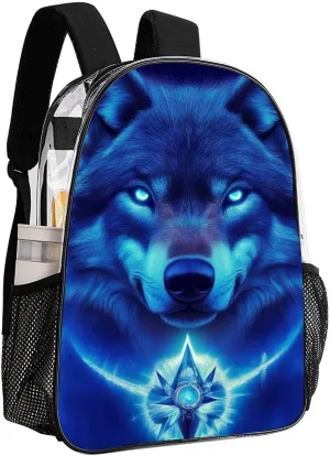 Men Women Transparent Blue Space Magic Wolf Art Daypack Big Capacity Shoulder Bag With Adjustable Shoulder Straps for Camping Travel Walking Cycling