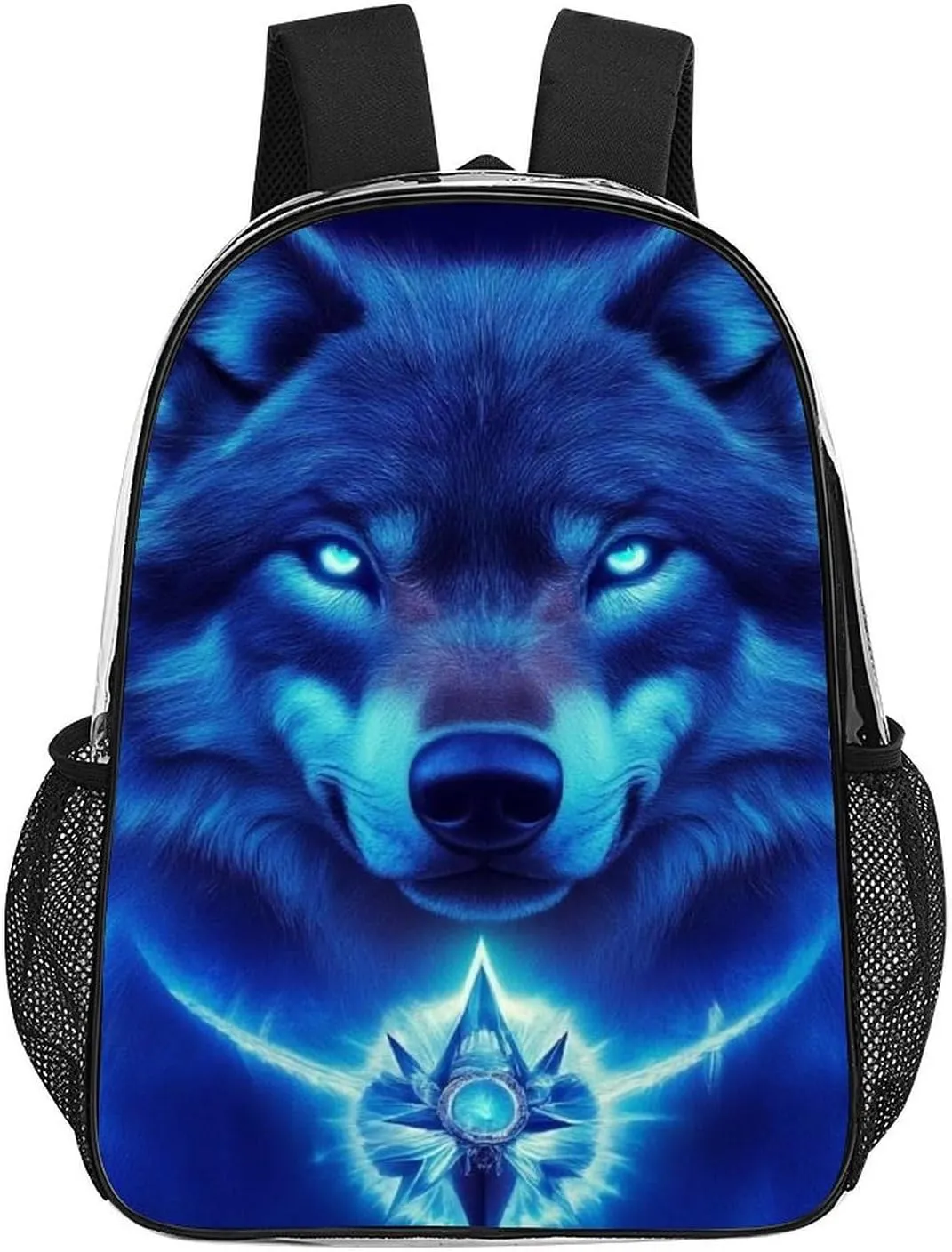 Men Women Transparent Blue Space Magic Wolf Art Daypack Big Capacity Shoulder Bag With Adjustable Shoulder Straps for Camping Travel Walking Cycling