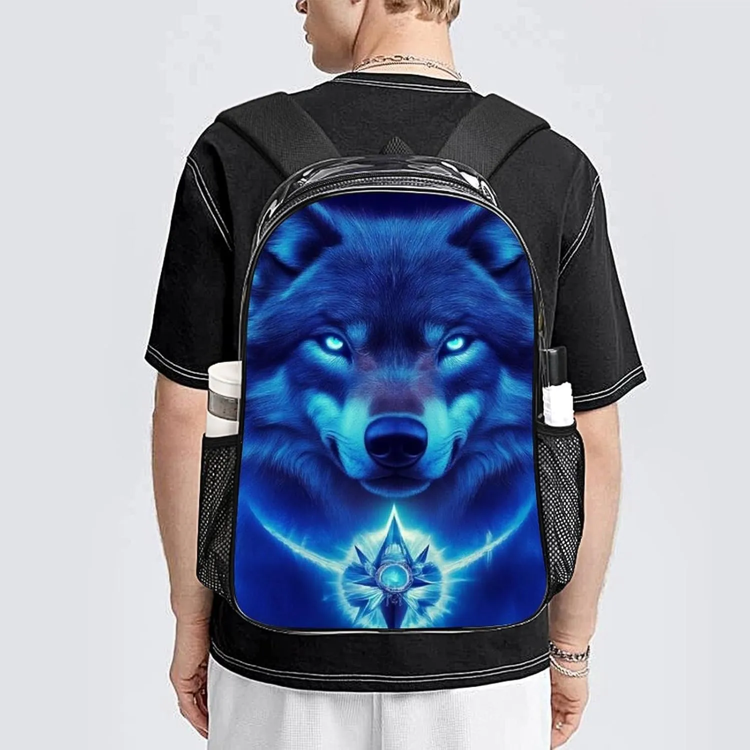 Men Women Transparent Blue Space Magic Wolf Art Daypack Big Capacity Shoulder Bag With Adjustable Shoulder Straps for Camping Travel Walking Cycling