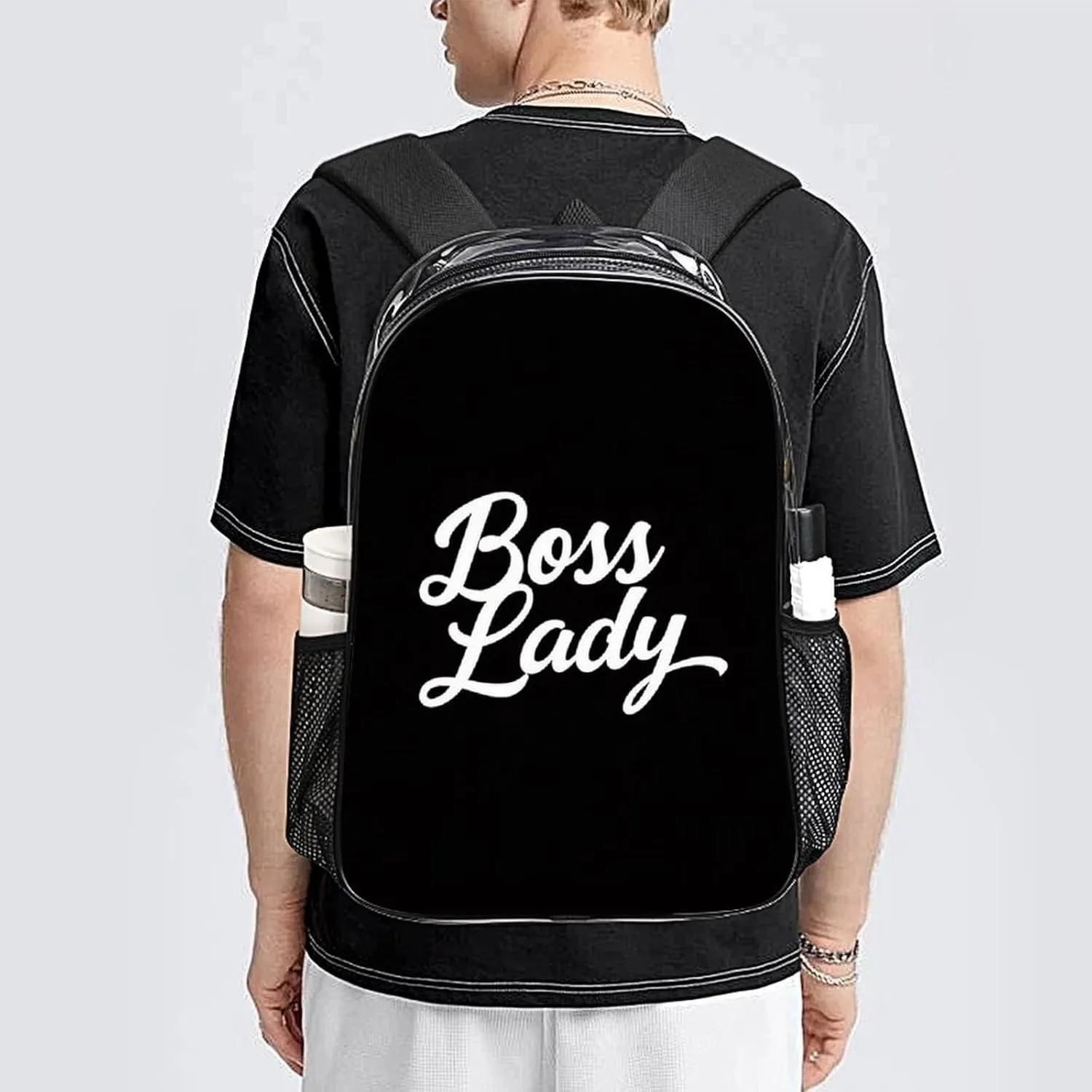 Men Women Transparent Boss Lady White Black Daypack Bookbag Big Capacity Shoulder Bag With Padded Straps for Climbing Travel Walking Cycling