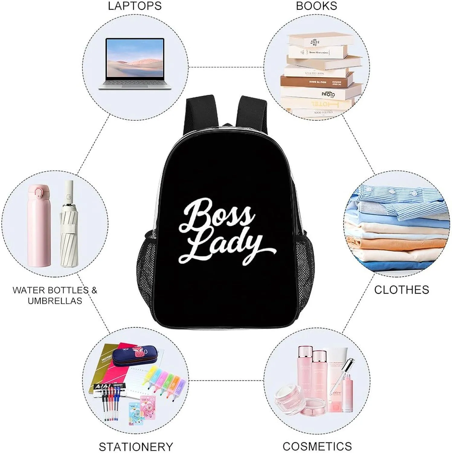 Men Women Transparent Boss Lady White Black Daypack Bookbag Big Capacity Shoulder Bag With Padded Straps for Climbing Travel Walking Cycling