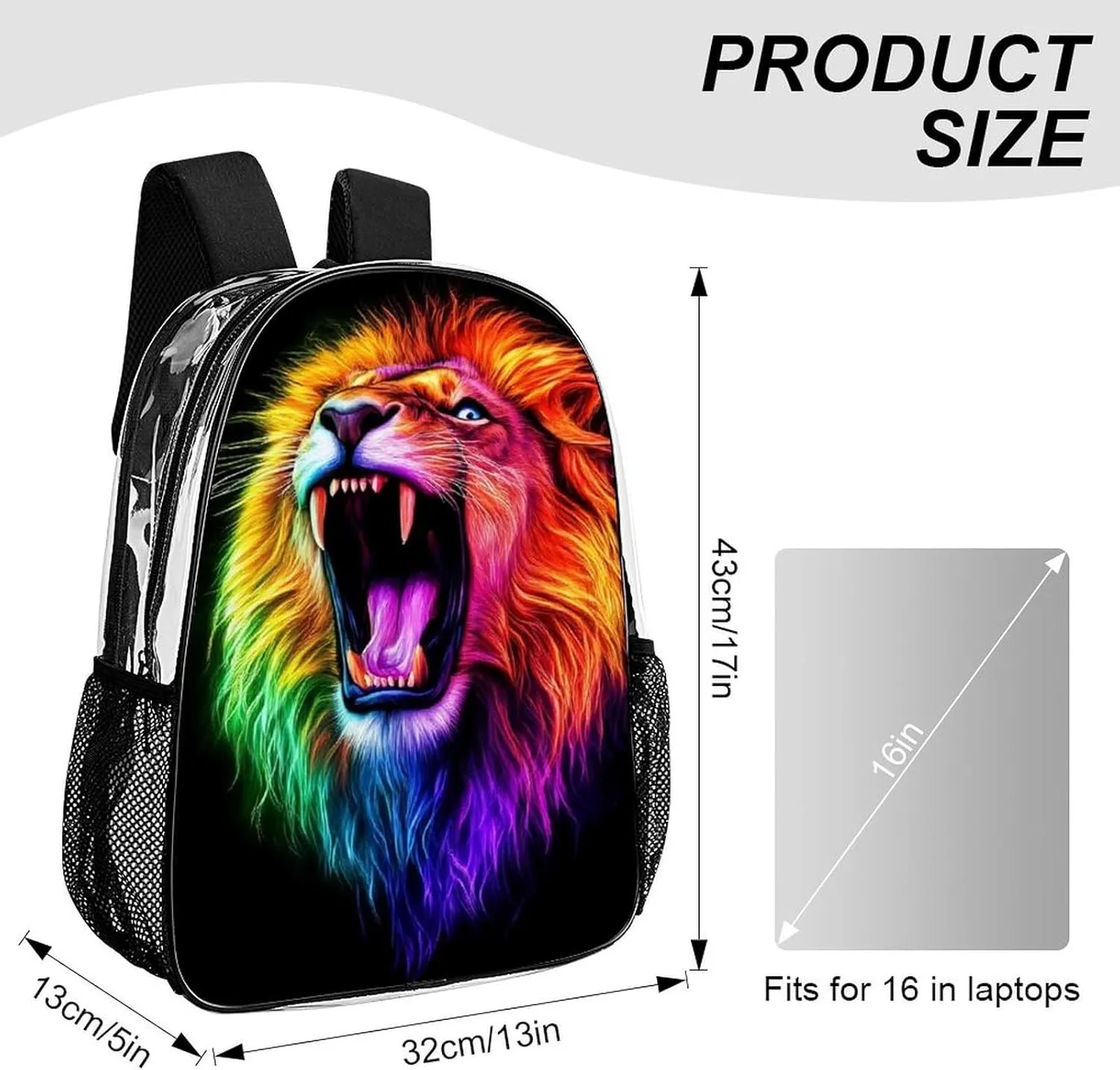 Men Women Transparent Cool Lion Colorful Fire Art Casual Daypack Large Capacity Carry On Bag With Adjustable Shoulder Straps for Camping Work Running