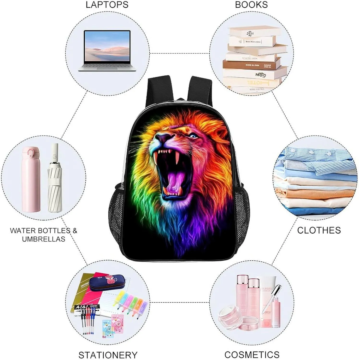 Men Women Transparent Cool Lion Colorful Fire Art Casual Daypack Large Capacity Carry On Bag With Adjustable Shoulder Straps for Camping Work Running