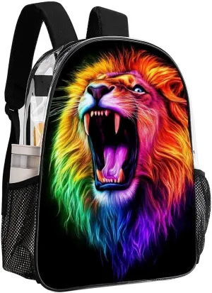 Men Women Transparent Cool Lion Colorful Fire Art Casual Daypack Large Capacity Carry On Bag With Adjustable Shoulder Straps for Camping Work Running