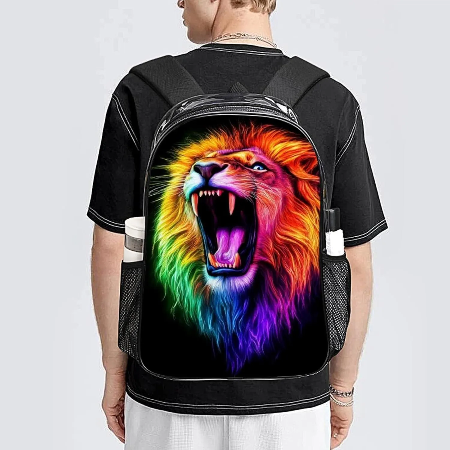 Men Women Transparent Cool Lion Colorful Fire Art Casual Daypack Large Capacity Carry On Bag With Adjustable Shoulder Straps for Camping Work Running